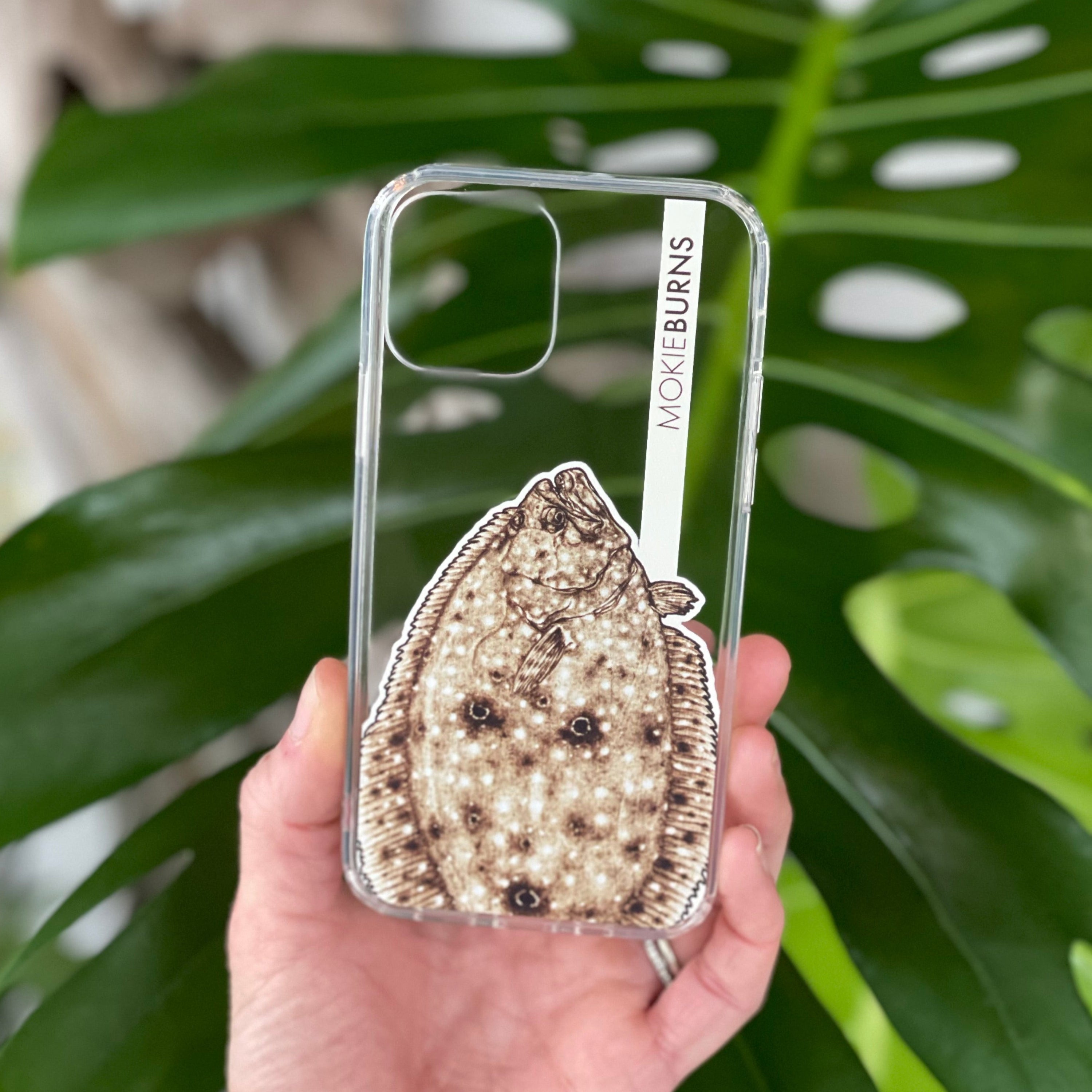 inshore fishing, gulf flounder mokie burns artwork as a unique clear iphone case - florida fishing, texas fishing and louisiana fishing gift