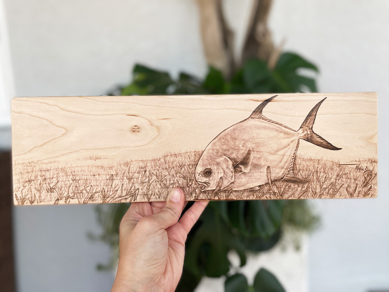 Permit on the Flats - Original Wood Burning on Hard Maple, 2020 by Mokie Burns