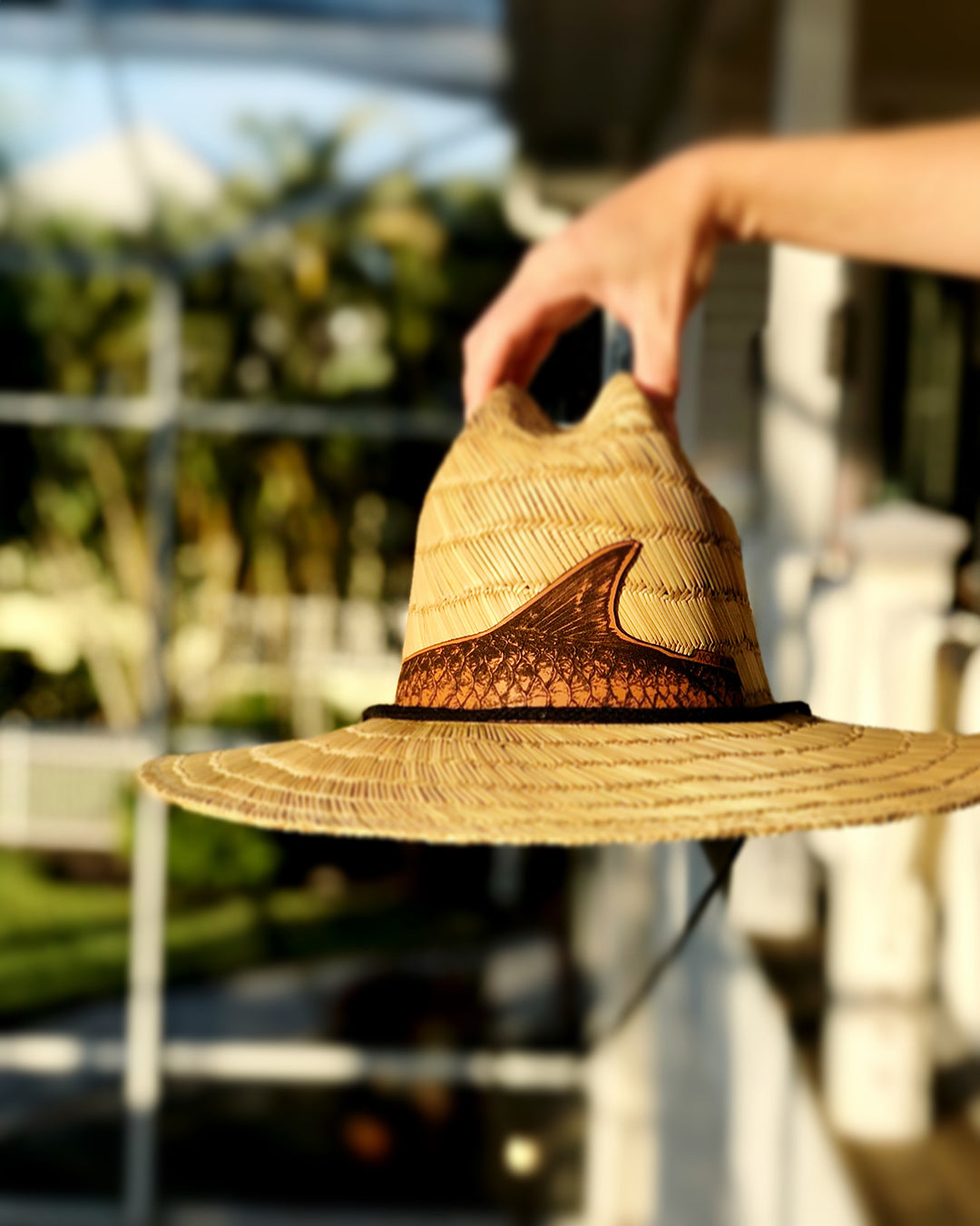 Beach straw hat- tarpon fishing leather patch hat, men's sun hat