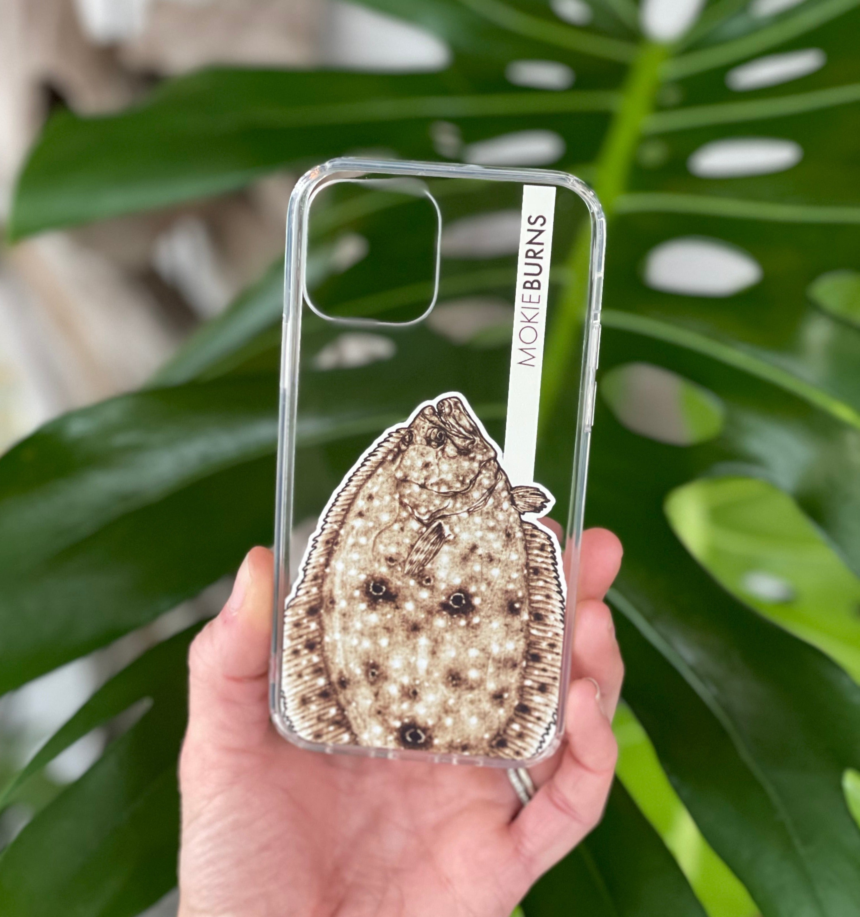 inshore fishing, gulf flounder mokie burns artwork as a unique clear iphone case - florida fishing, texas fishing and louisiana fishing gift