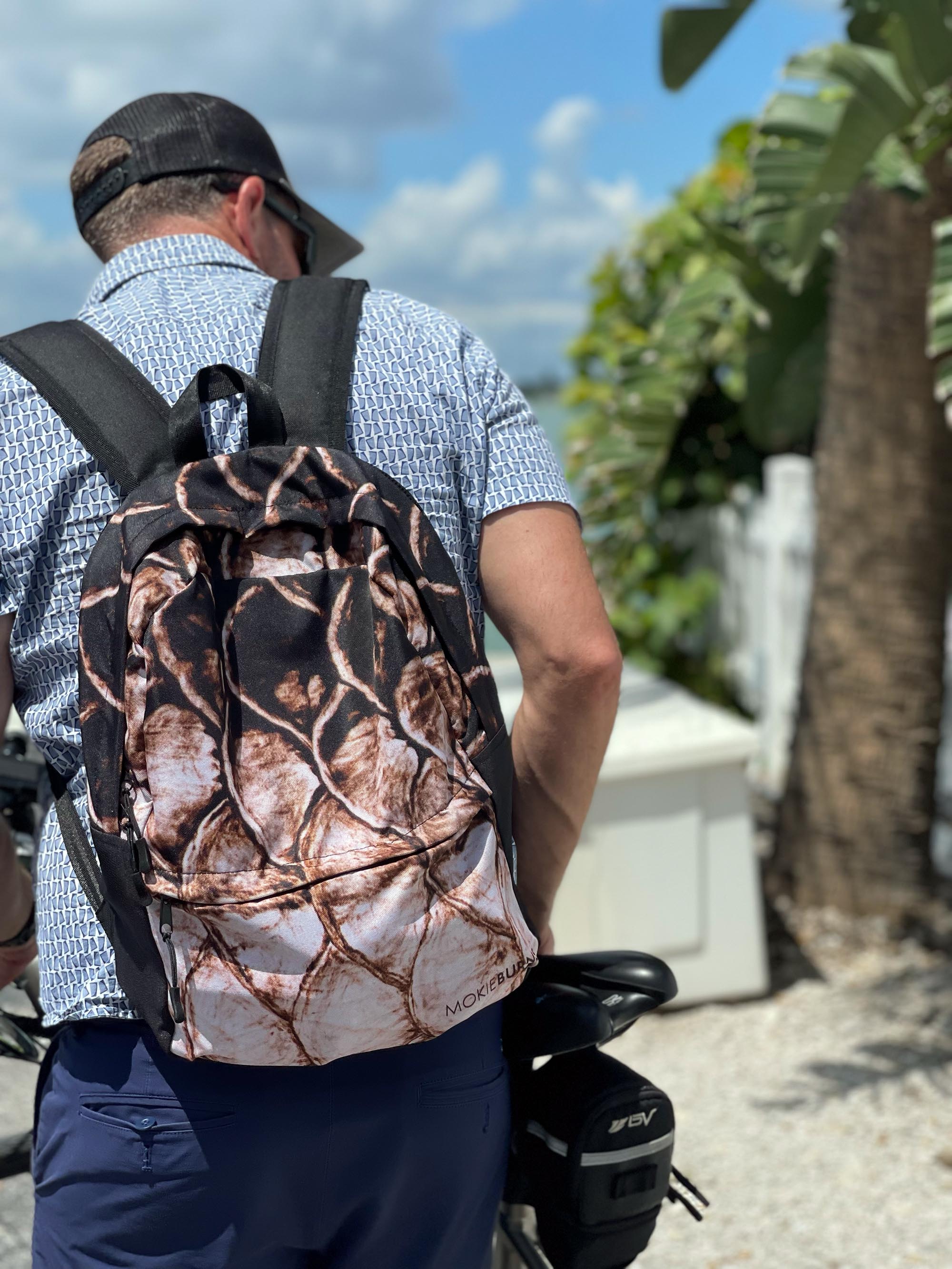 Tarpon Scales Inshore Fishing water resistant outdoor activity backpack, a great back to school gift for fishing kids everywhere! Saltwater inshore Florida fishing wood burned art by Mokie Burns