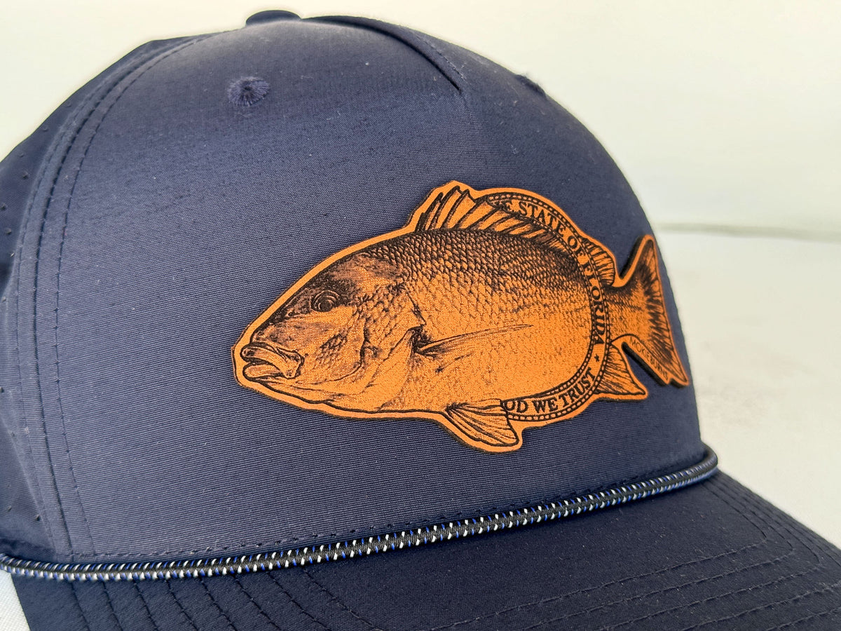 American Red Snapper Trucker Rope Hat - Snapback Fishing Cap with Laser Perforated Back &amp; Retro Nylon Rope