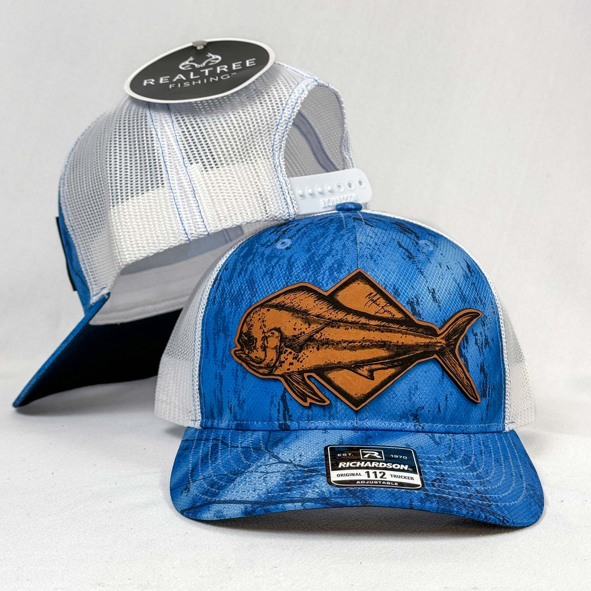 Dolphin (Mahi-Mahi) - Realtree Blue Camo Mid Profile Snap-Back Offshore Fishing Trucker Cap