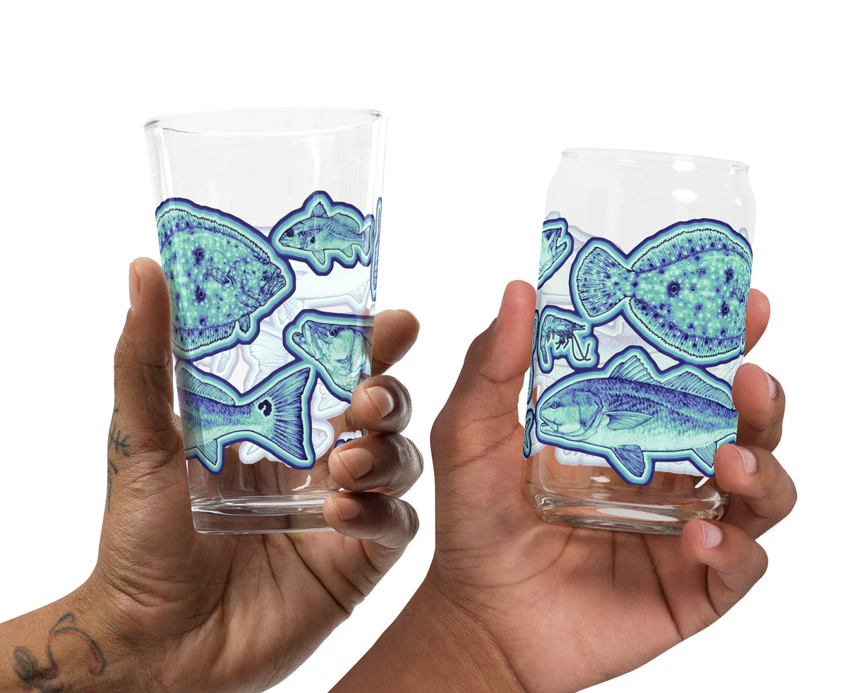 Inshore&#39;s Greatest Hits in &#39;Florida Teal&#39; Glassware - Shaker Pint Glass or Vintage Can-Shaped Glass