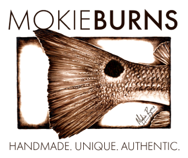 Mokie Burns - wood burning fish art, converted into performance fishing apparel, fishing hats and accessories, as well as unique beach home decor for husband gifts, man cave, or any room!