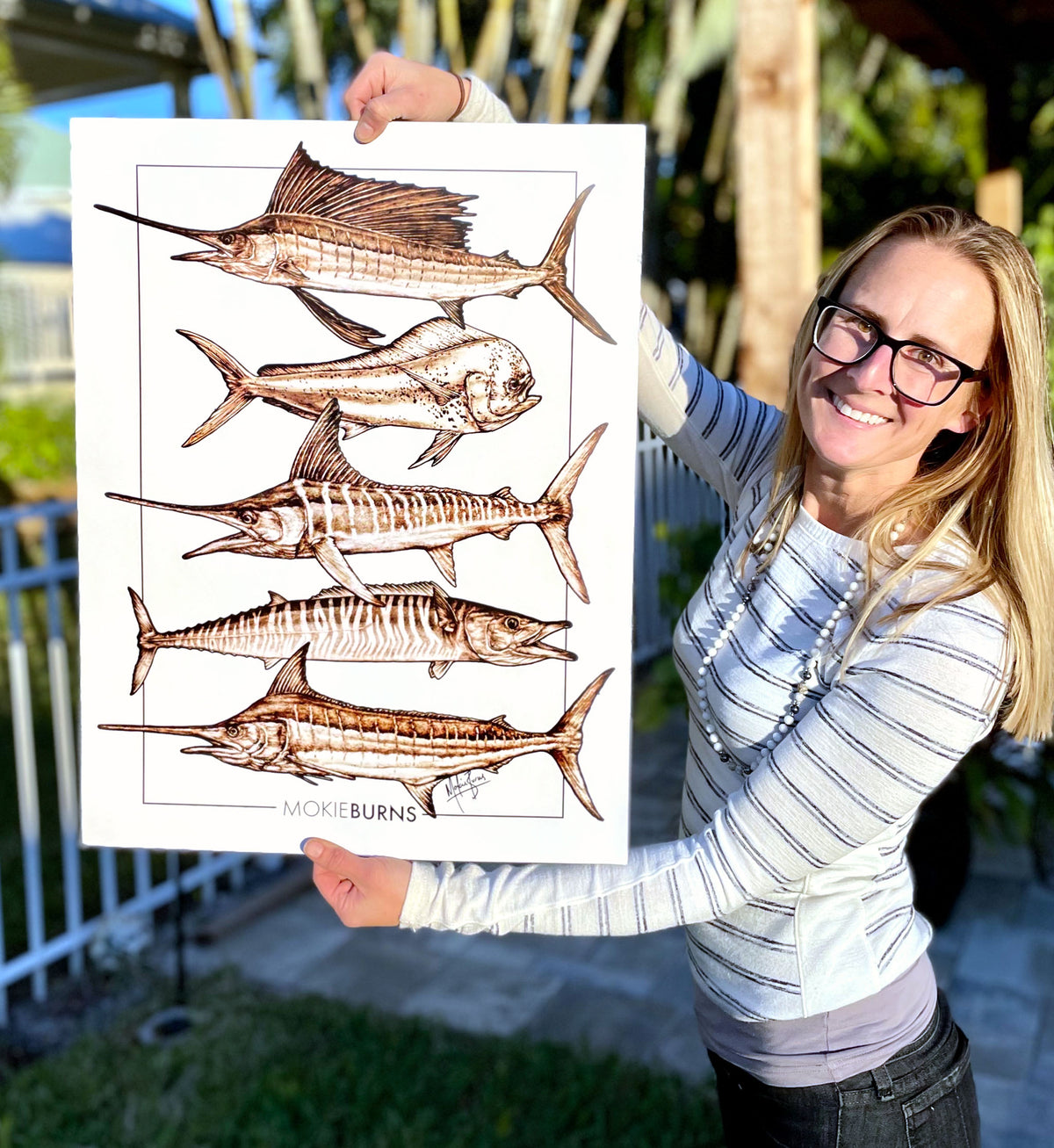Mokie Burns Offshore Grand Slam poster - made for CCA Florida fundraiser event, featuring sailfish, dolphin (mahi-mahi), white marlin, wahoo and blue marlin wood burned marine artwork