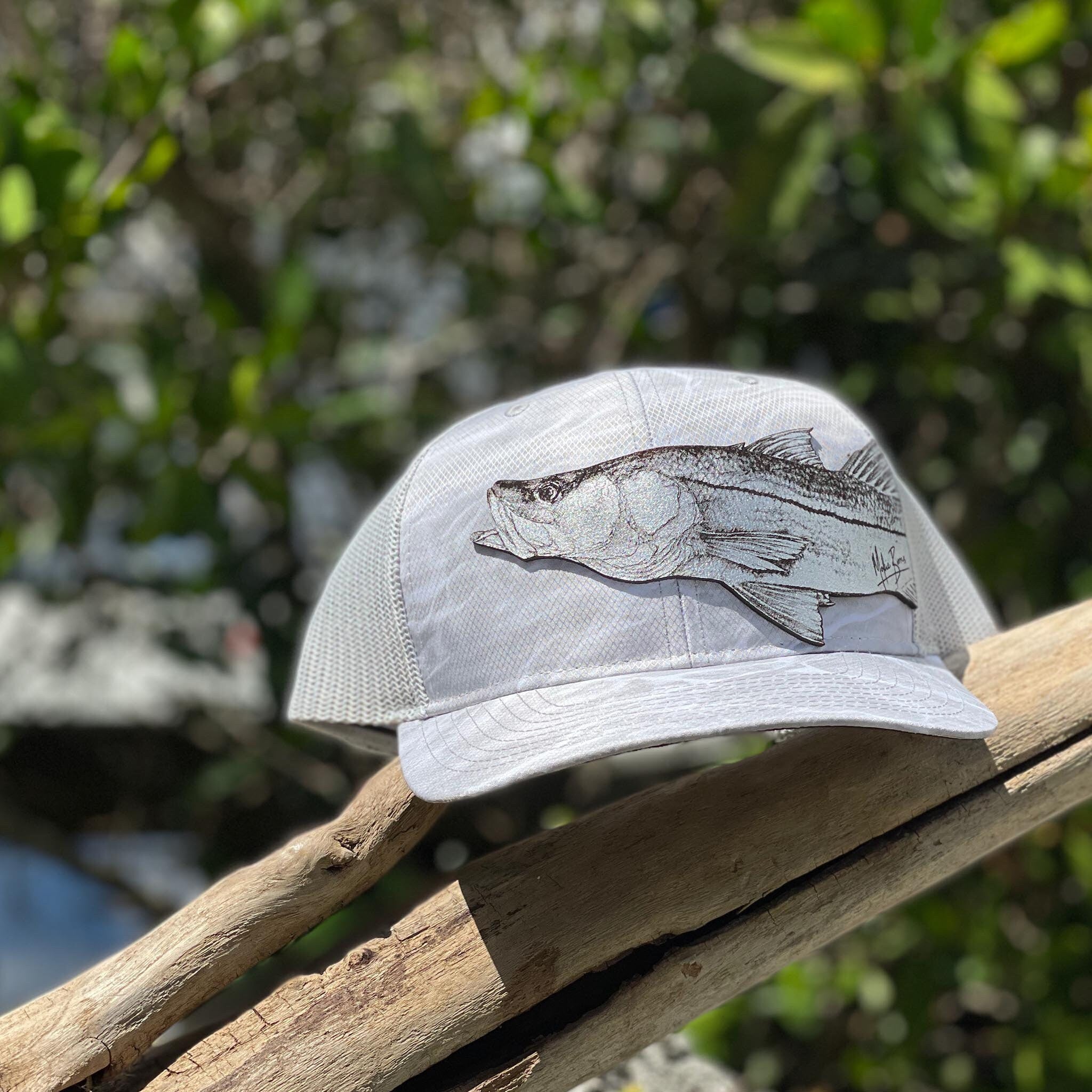Snook Fishing Trucker Hat- Genuine Leather SILVER Patch Hat