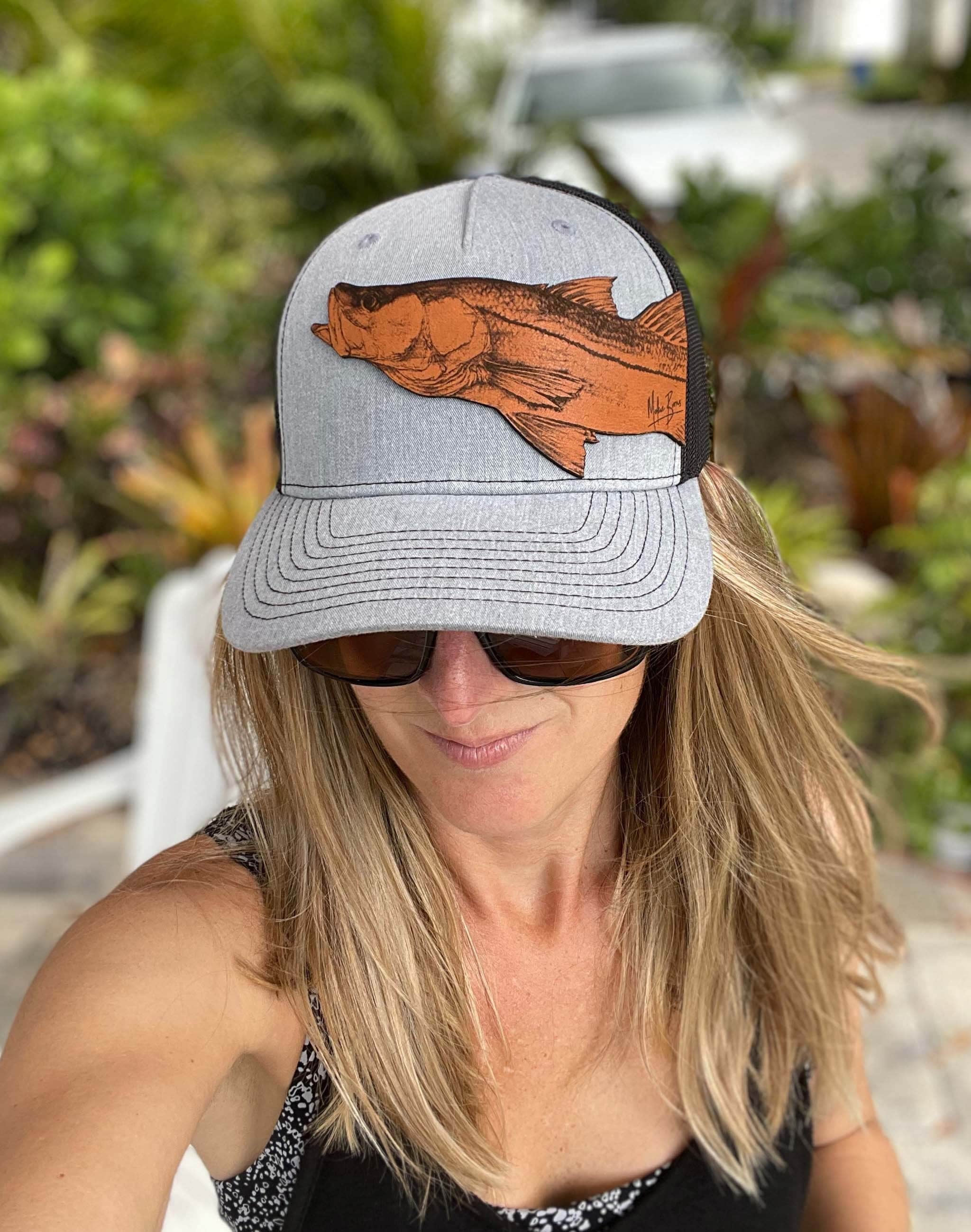 Snook Fishing Trucker Hat- Genuine Leather Patch Hat, Fishing Accessory Gift for Him, Unique Fishing Hat Gift for Man, Fathers Day Gift Fish Digital