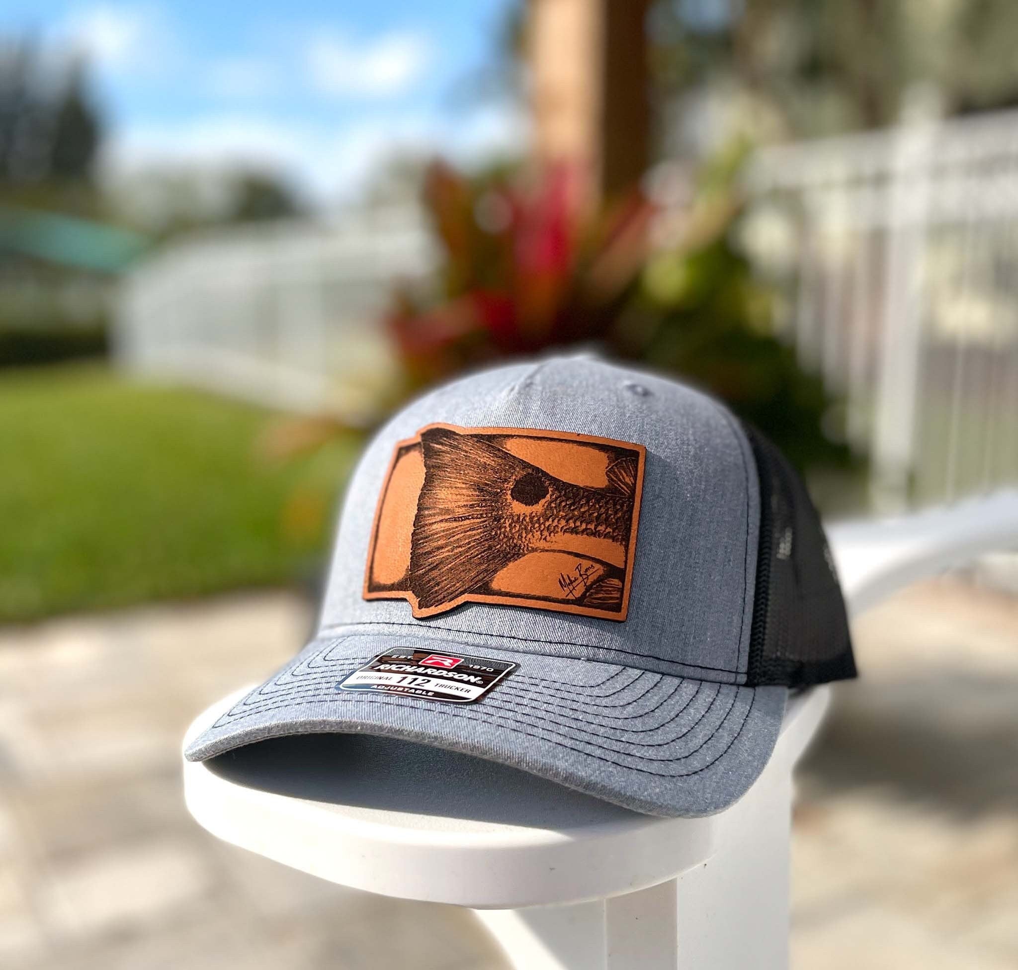 Redfish Trucker Hat - Leather Patch, Inshore Fishing Gifts for Men, Unique Fishing Patch Hat Gift for Dad, Ladies Fishing, Mokie Burns Hats