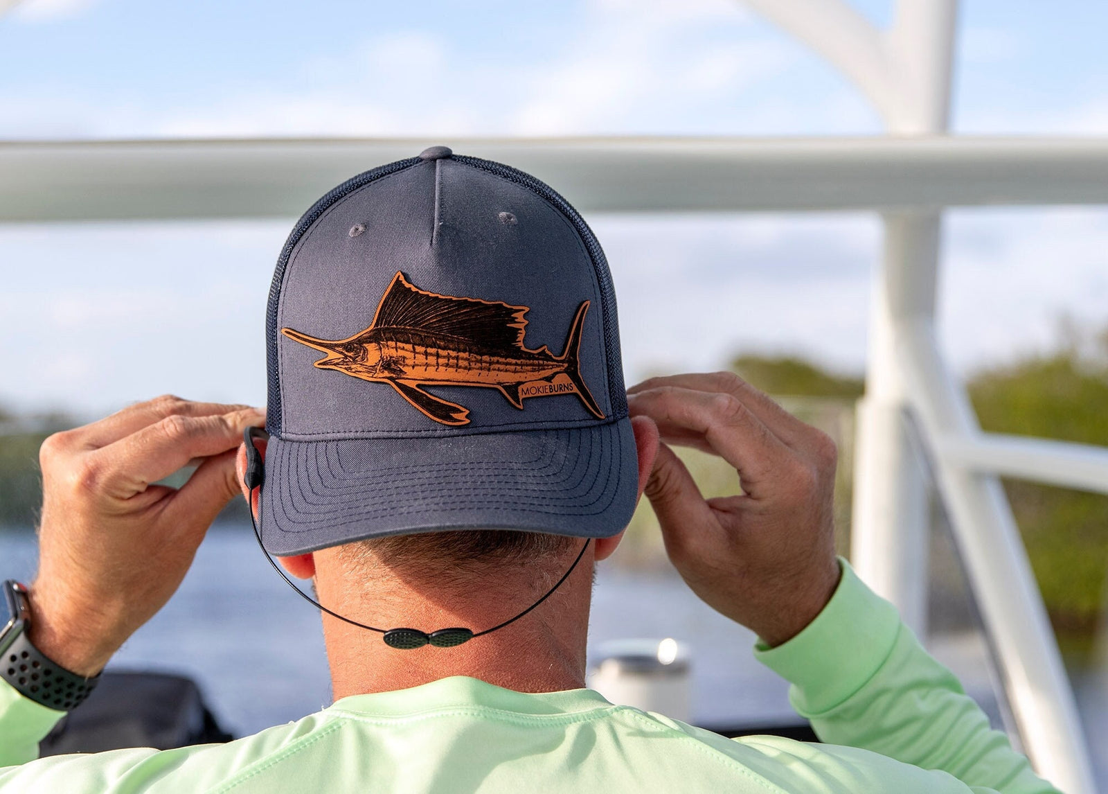 Fishing Hat, Leather Patch Trucker Hat