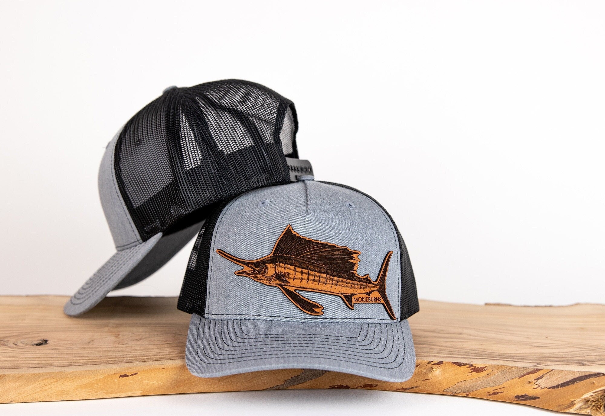 Fishing Trucker Hat - Sailfish Leather Patch, Offshore Fishing Apparel Gift for Men, Ladies Trucker Hat Gift, billfishing Gift for Dad
