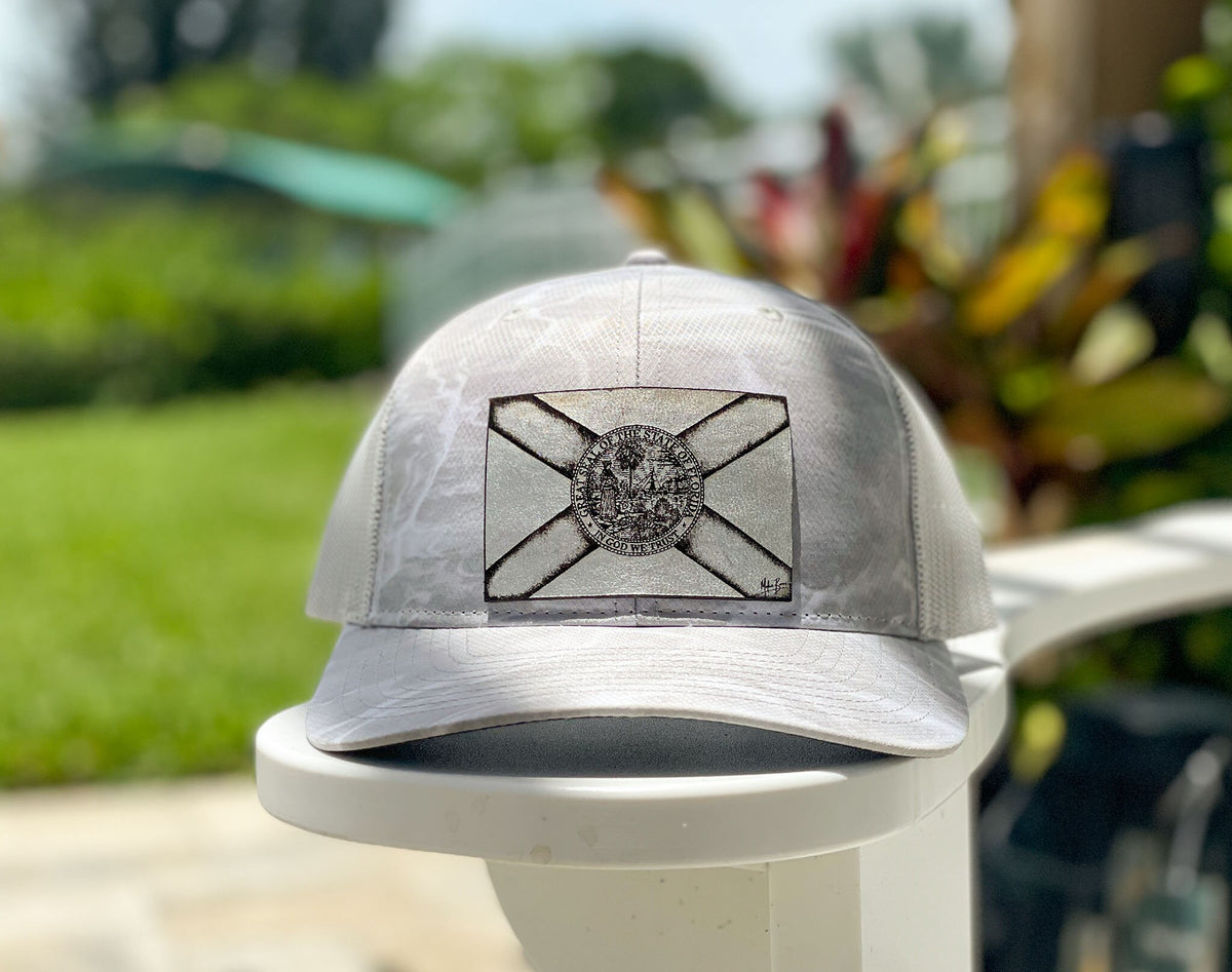 Florida Flag Trucker Hat - Mid Profile - Bonefish Camo + Silver Patch