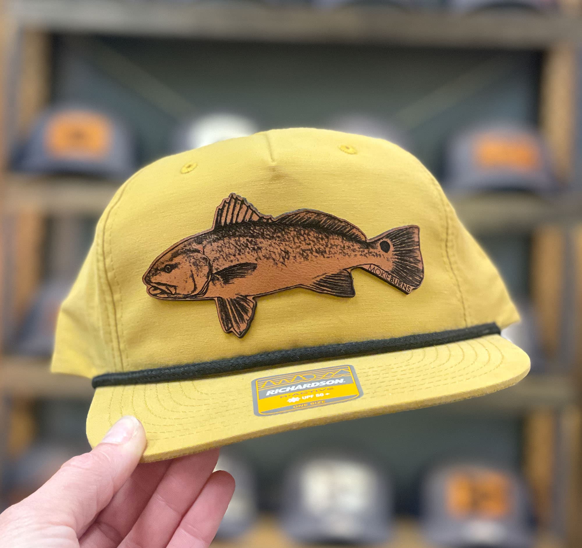 Redfish Flat Bill Hat - Genuine Leather Patch on throwback flat