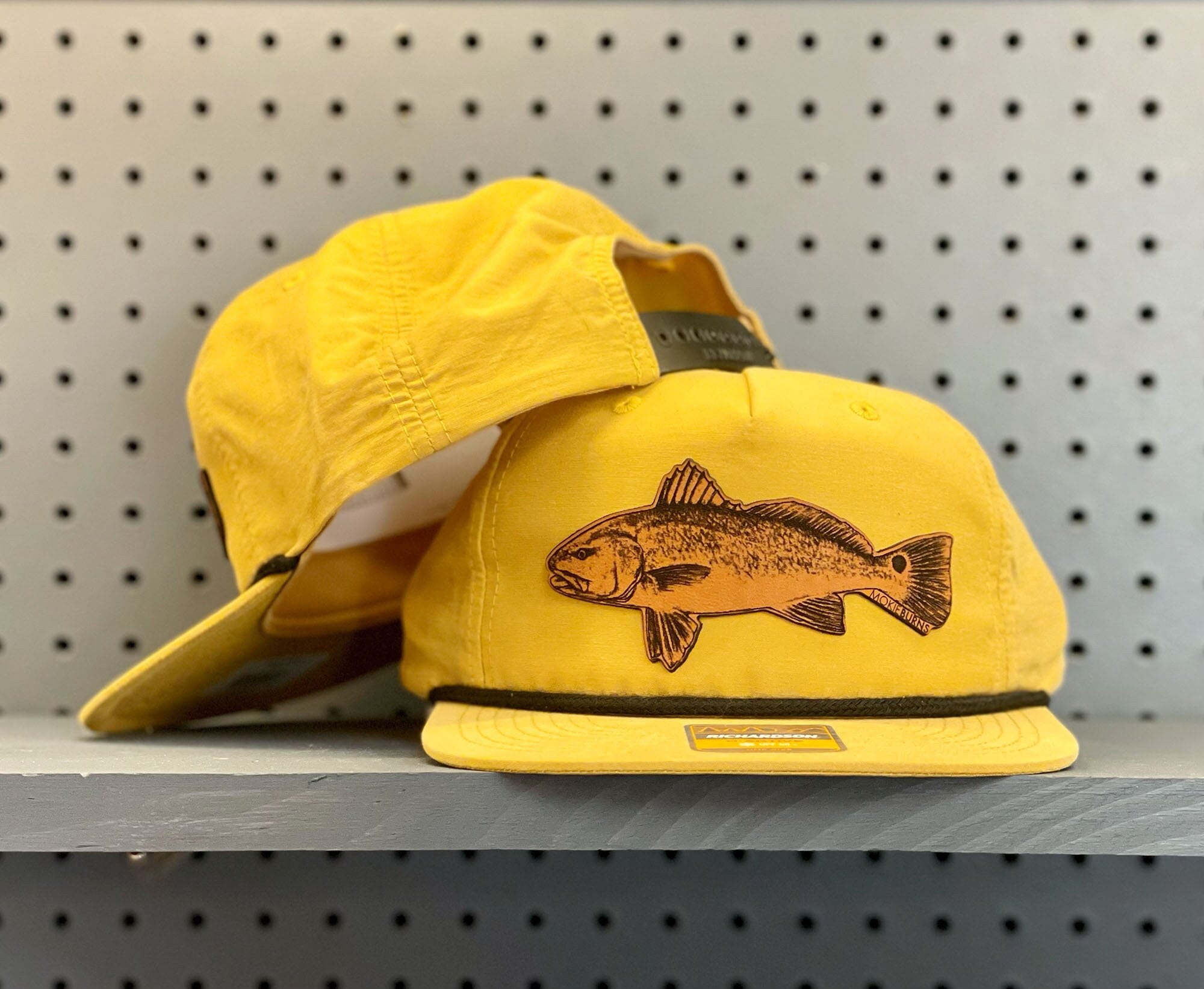 Redfish Flat Bill Hat - Genuine Leather Patch on throwback flat